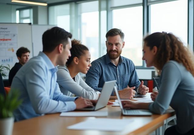 A diverse group of professionals collaborating in a modern office